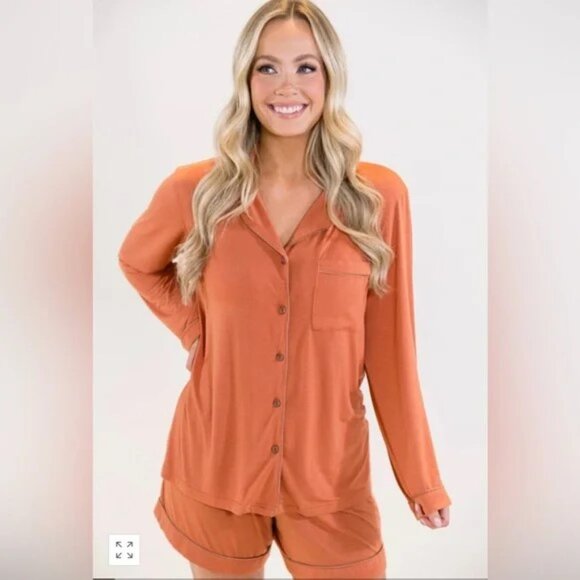 In My Sundays Terracotta Long Sleeve & Short Pajama Set - Picture 1 of 8